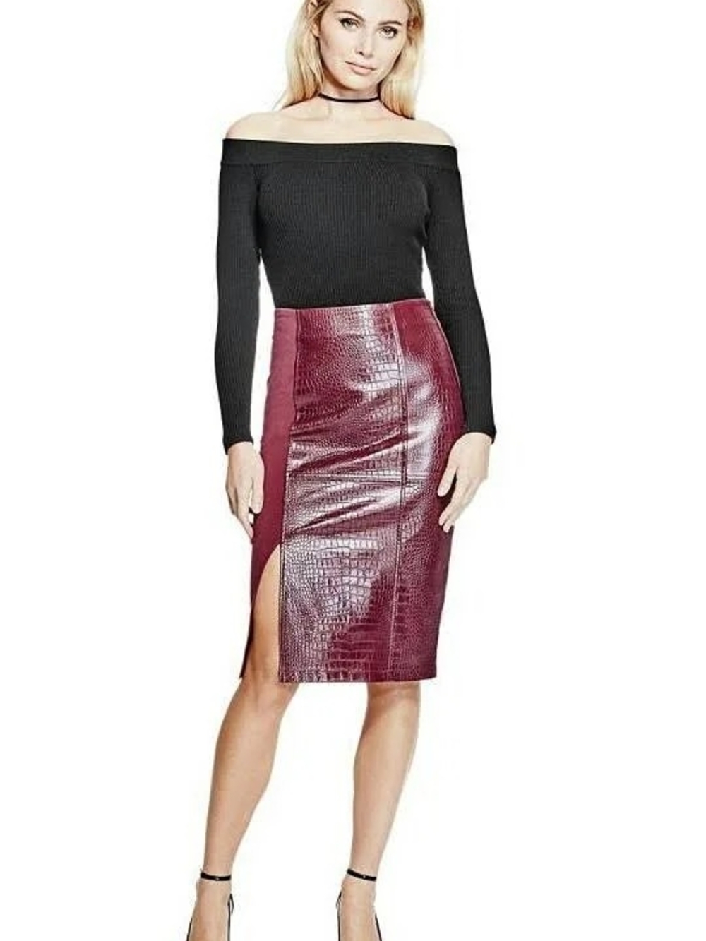 GUESS Leather Pencil Skirt in Burgundy